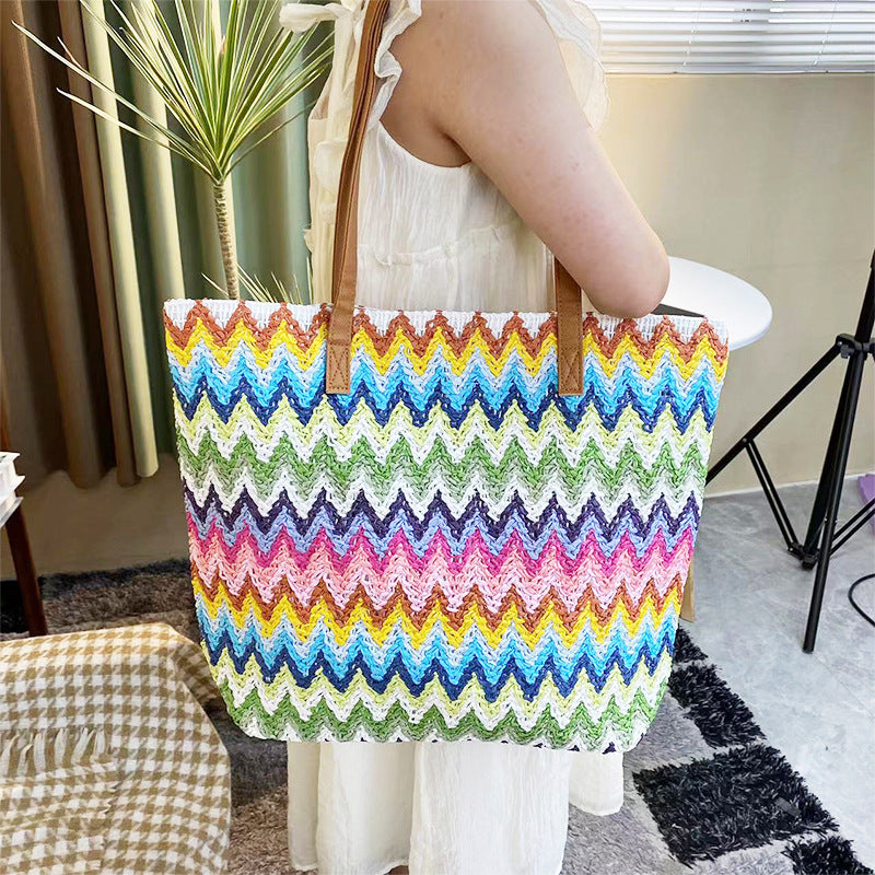 Large Capacity Handmade Wavy Striped Straw Tote Bag
