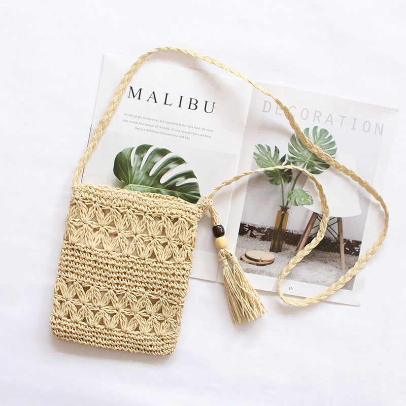 Straw Bag New Style Shoulder Crossbody Women'S Bag Handwoven Beach Bag Hollow Tassel Literary Casual Versatile Small Bag