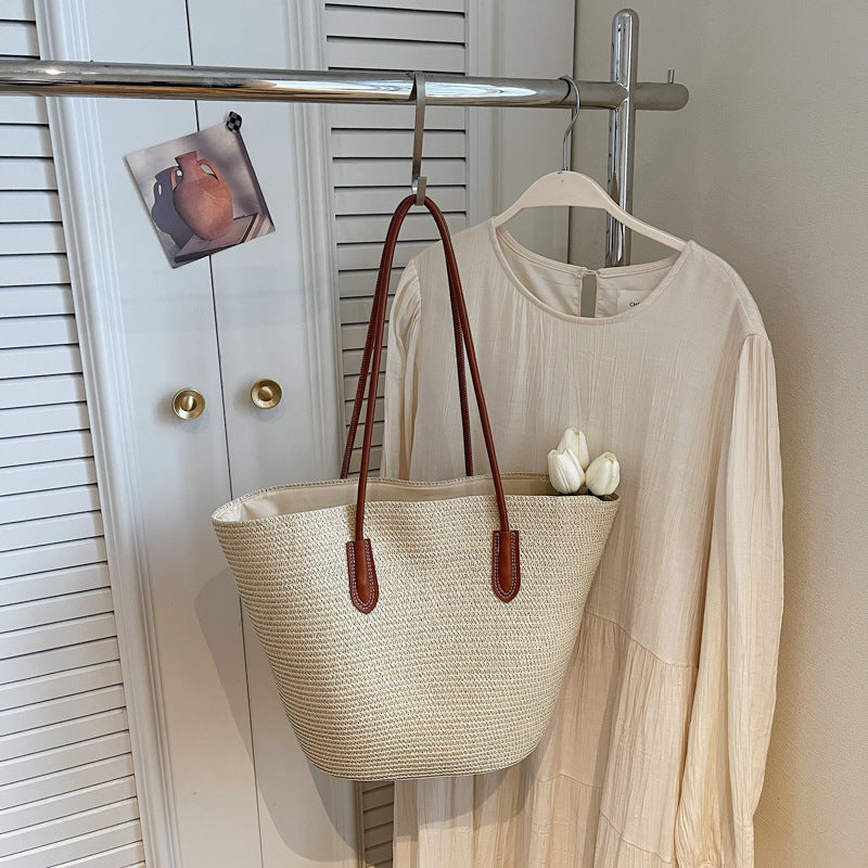 Women Trendy Shoulder Straw New Large Woven Beach Handheld Tote Bag