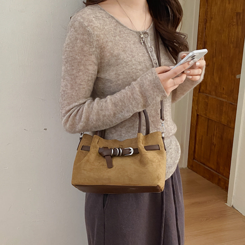 Elegant Suede Mini Handbag with Buckle Detail