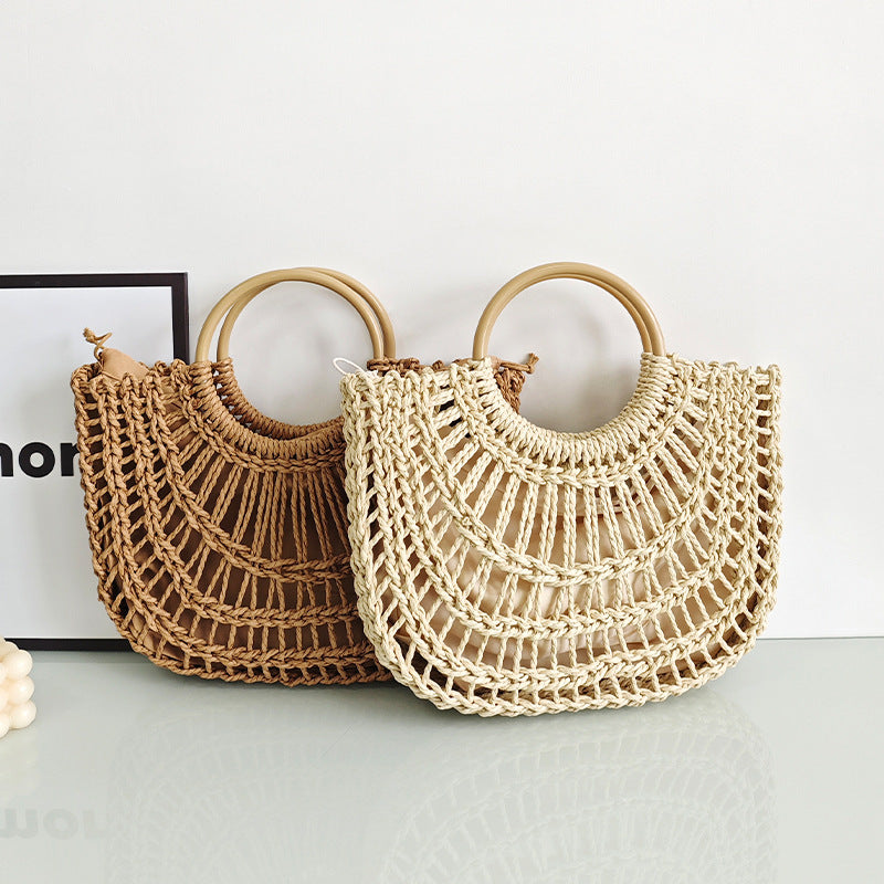 Solid Color Hand-Woven Hollow Straw Retro Beach Bag