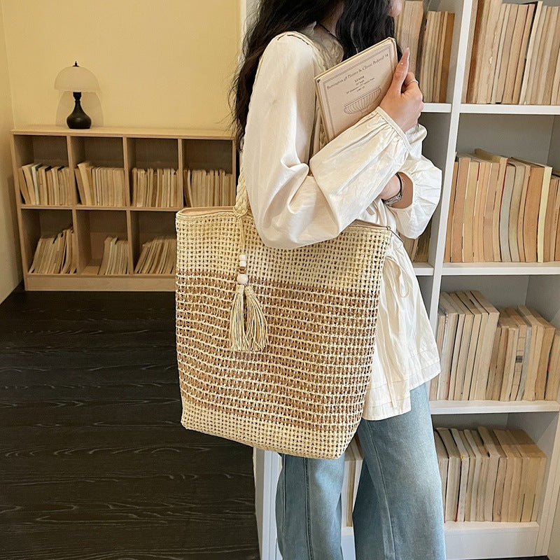 Women Lazy Woven 2026 New Tassel Straw Beach Large Shoulder Bag