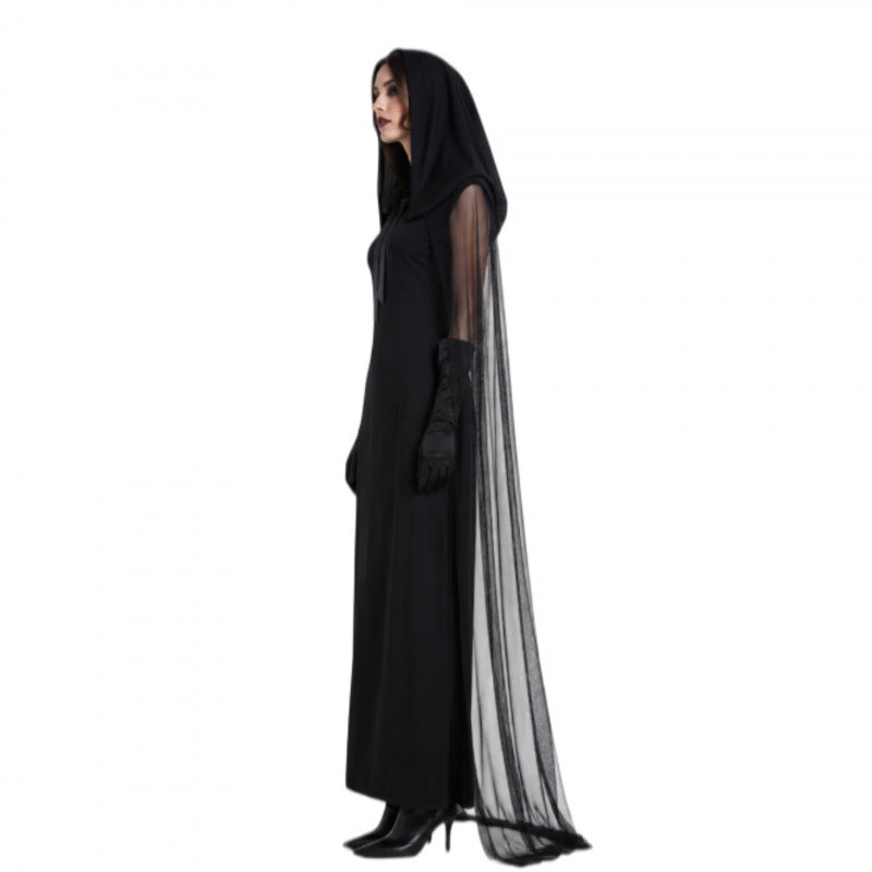 Halloween Gothic Hooded Cape Maxi Dress with Sheer Sleeves