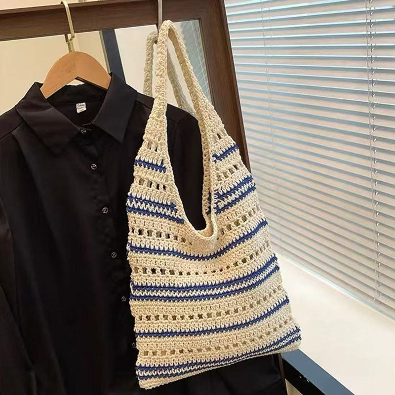Striped Shoulder Cotton Woven New Large Hollow Straw Beach Bag