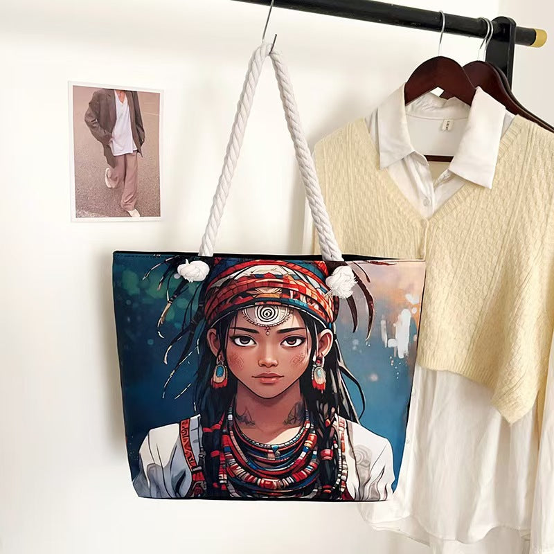 High-End Ethnic Canvas Hemp Rope Armpit Tote