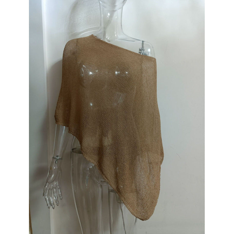2025 Design Irregular Cape Shawl Sun Protection Shirt Women'S Season Loose Lazy Thin Ice Silk Knitted Sweater Top