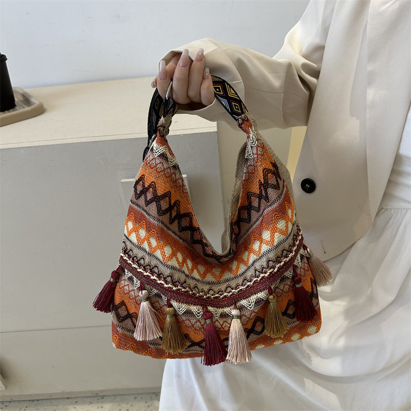 Large-Capacity Fashionable Ethnic Style Tassel Casual Bag 2026 New Versatile Canvas Shoulder Crossbody Bag Tote Bag