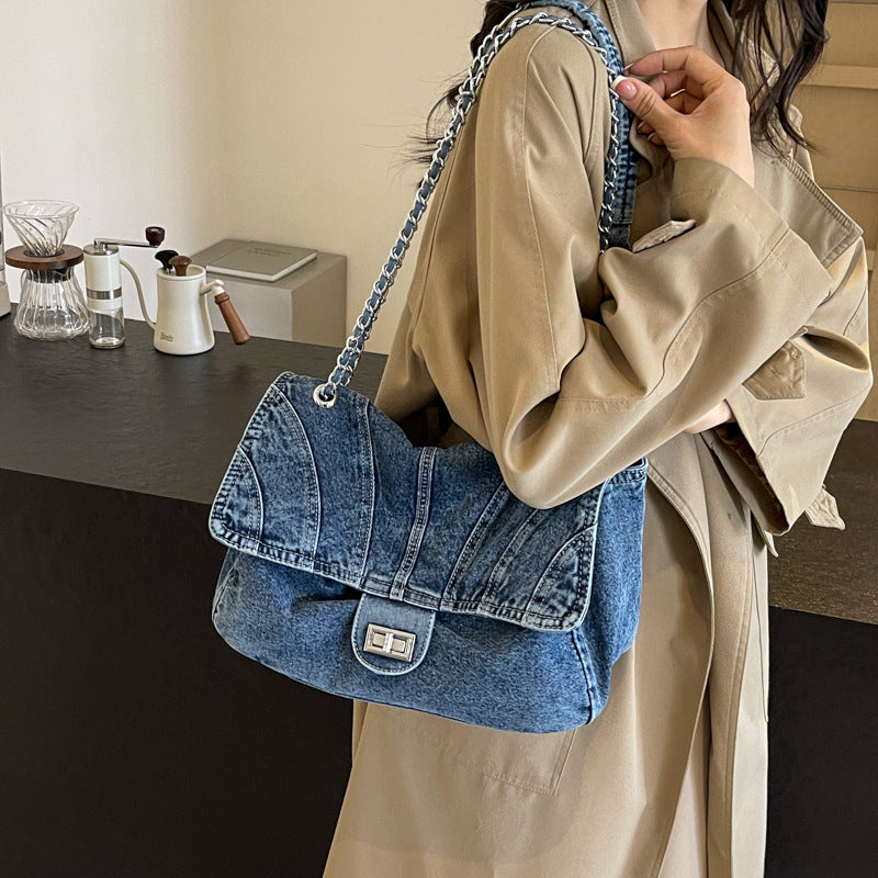 2026 Women Large Denim Chain Crossbody Tote Bag