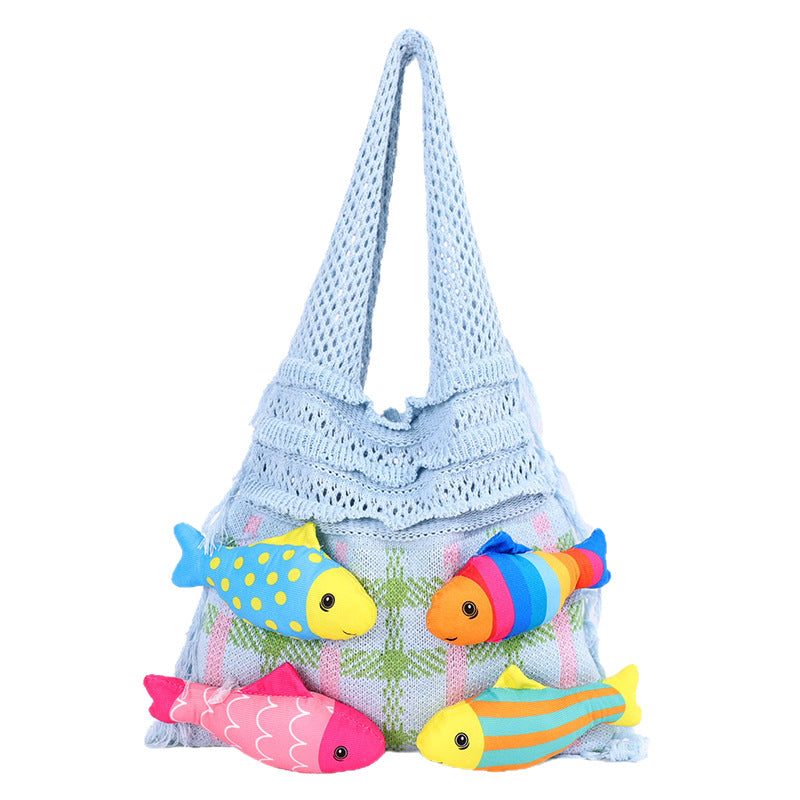 Cozy Crochet Fish Applique Fringe Tassels Shoulder Bag