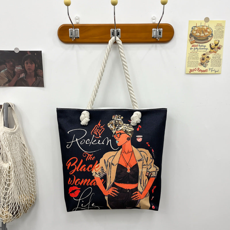 High-End Ethnic Canvas Hemp Rope Armpit Tote