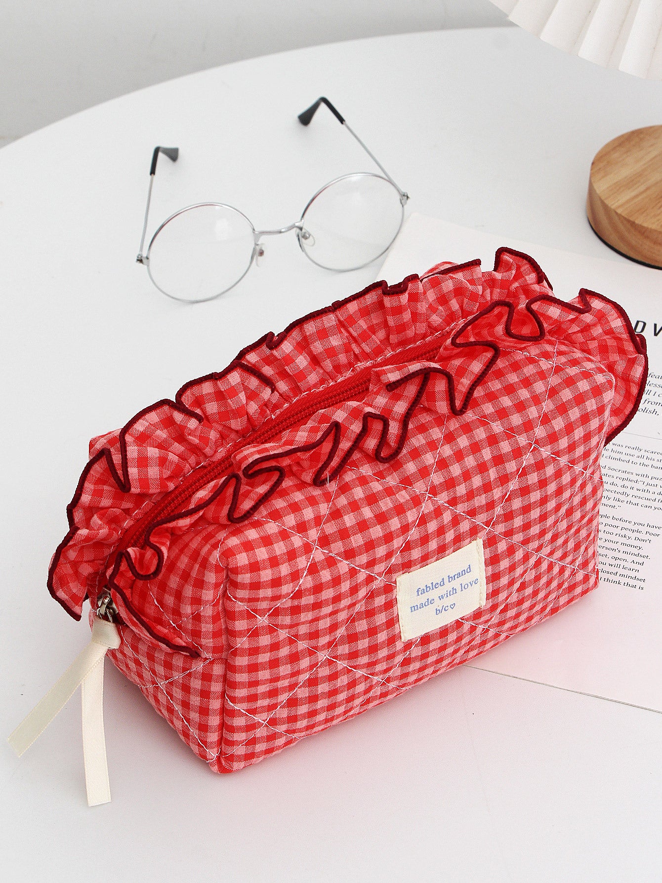 Red Plaid Quilted Large Capacity Cosmetic Bag