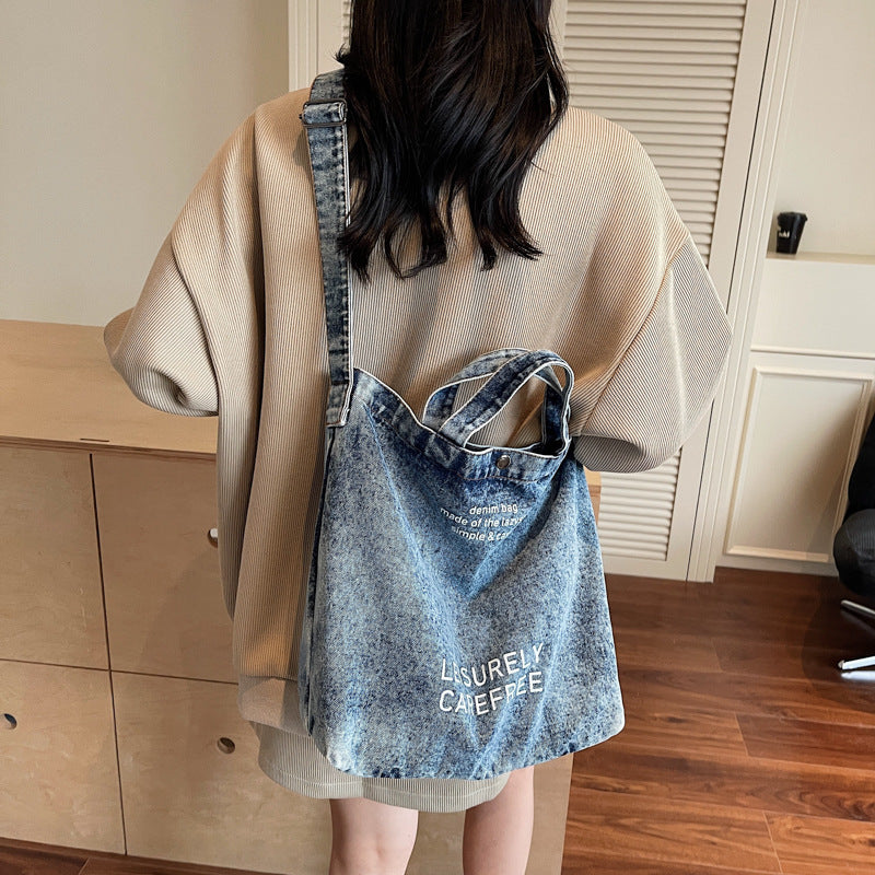Cross-Border Denim Bag For Women 2025 New Fashion Letter Shoulder Crossbody Bag Large Capacity Commuter Tote Bag