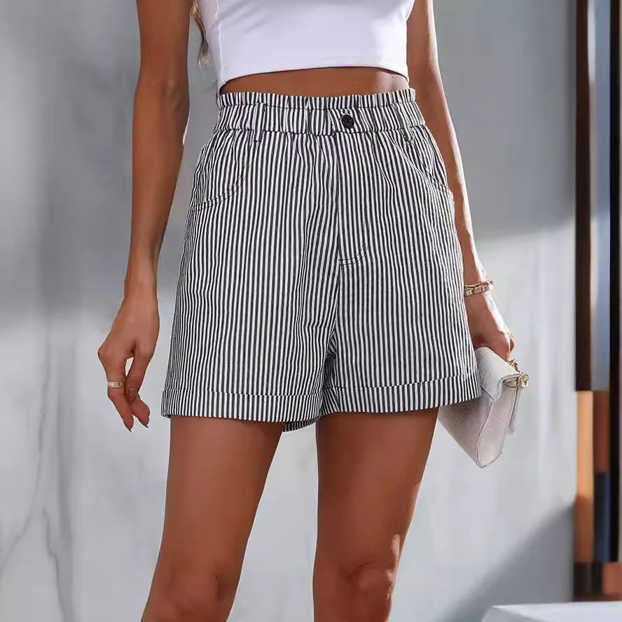 Women Casual Pocket Striped Shorts