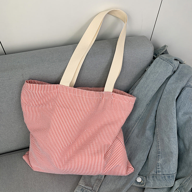 2026 Women Color Block Striped Canvas Tote Bag