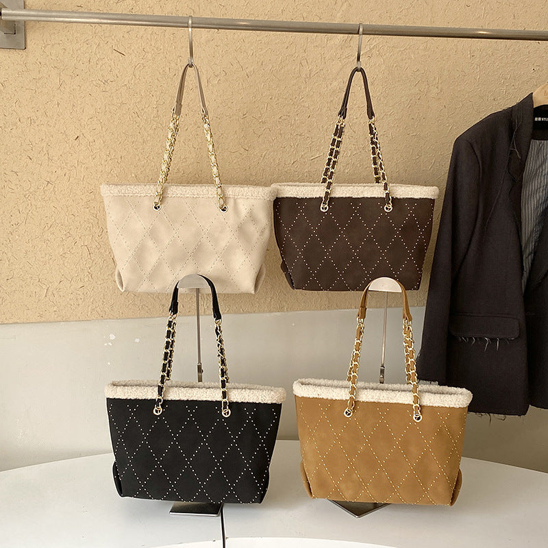 Sherpa Trim Quilted Shoulder Tote Bag