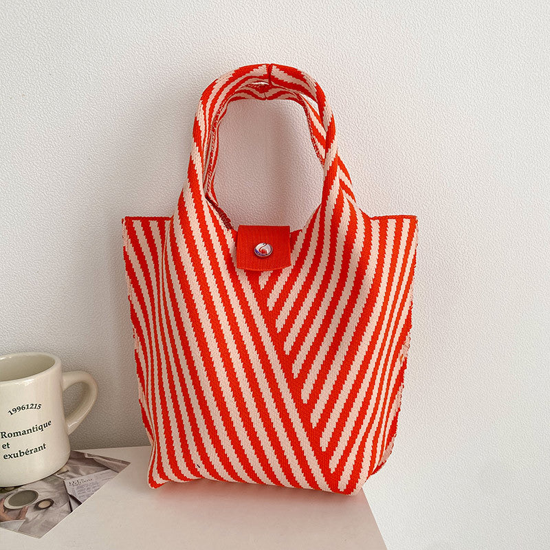 V Pattern Striped Woven Mini Bucket Bag