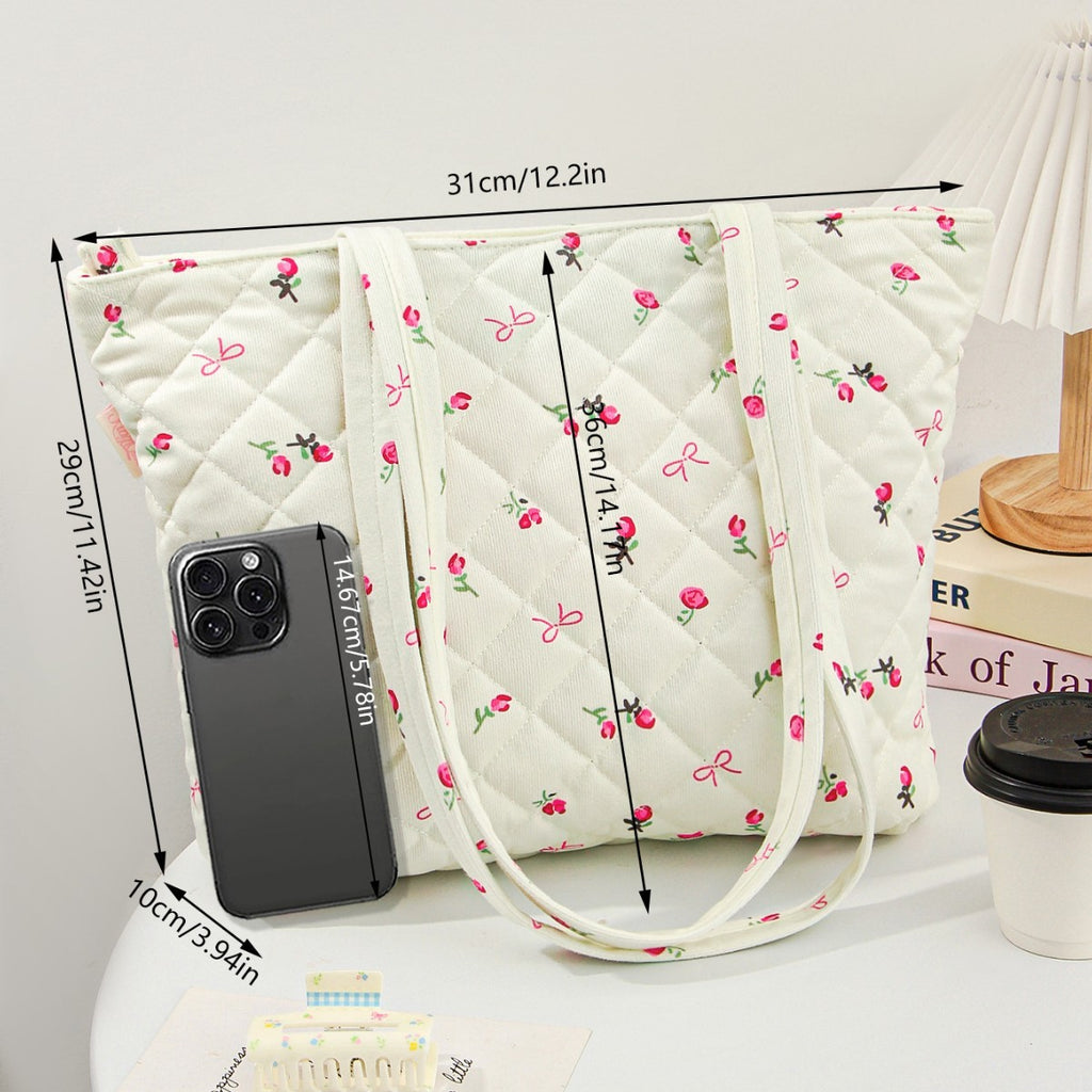 Quilted Cotton Flower Lipstick Tote Bag