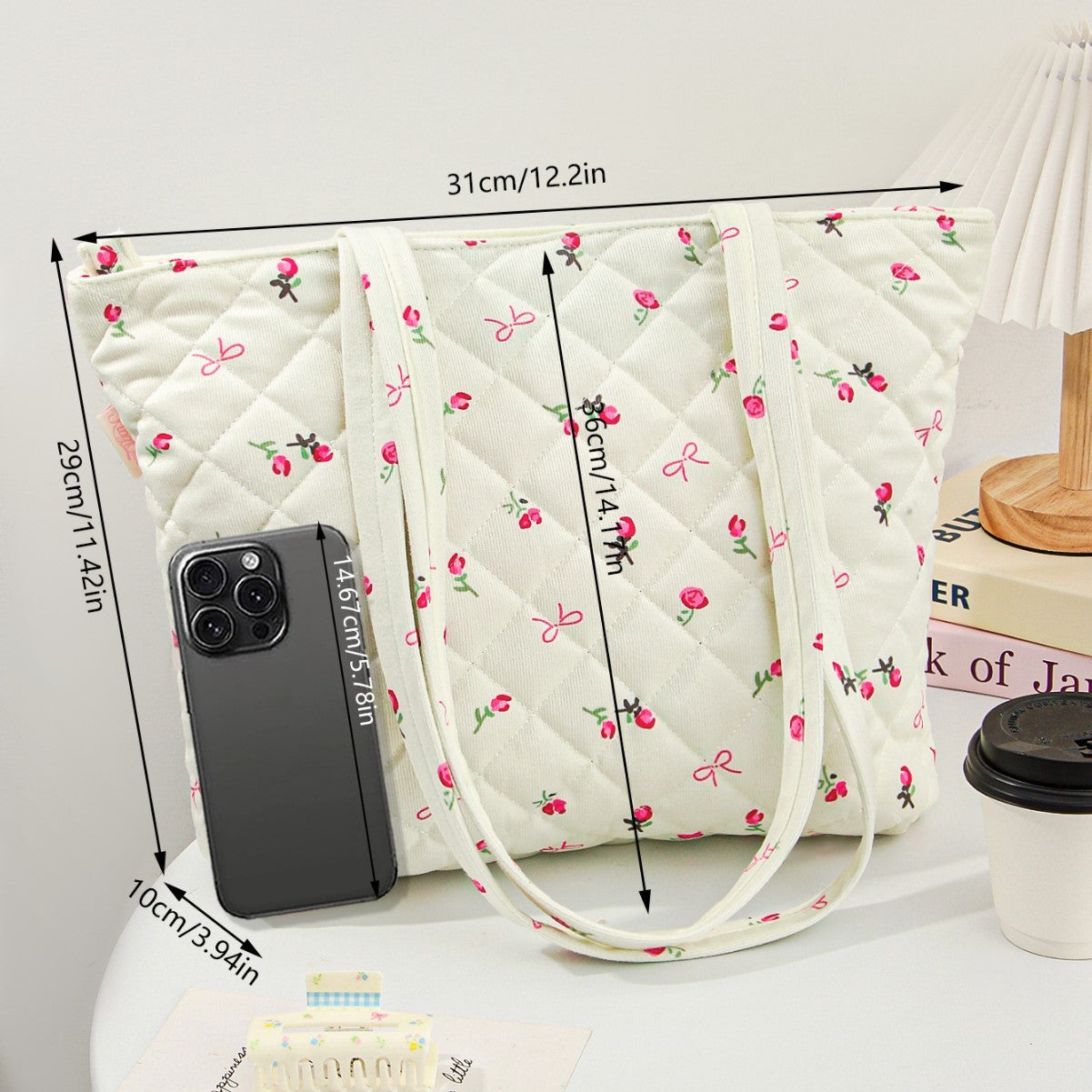 Quilted Cotton Flower Lipstick Tote Bag