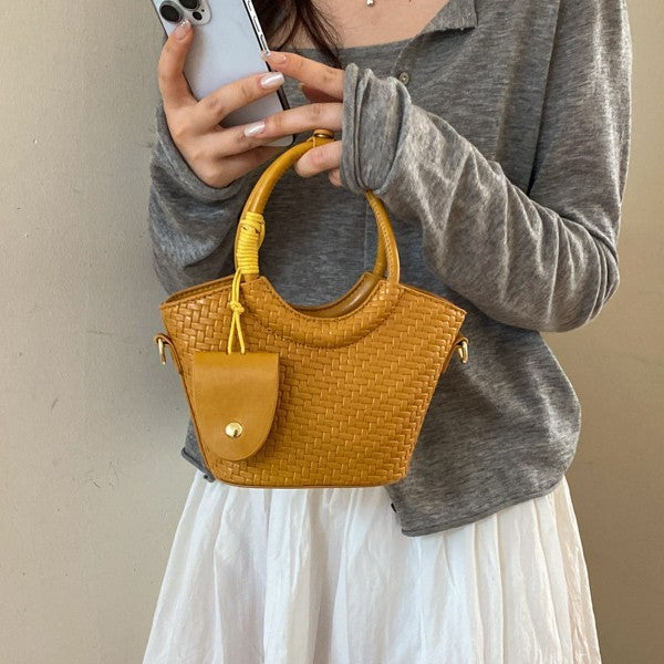 Woven Mini Tote Bag with Round Handles and Crossbody Strap