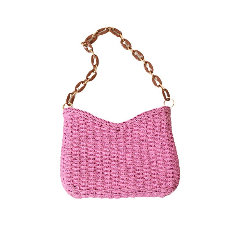 Women Purple Straw Woven Shoulder Solid Beach Tote Bag