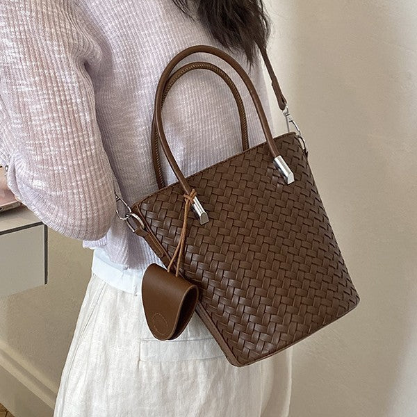 Woven Bucket Bag with Detachable Strap and Zipper