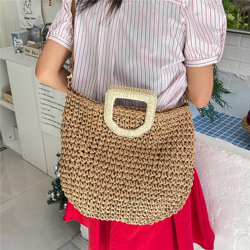 Women Beach Straw Casual Woven Handheld Bucket Large Shoulder Crossbody Bag