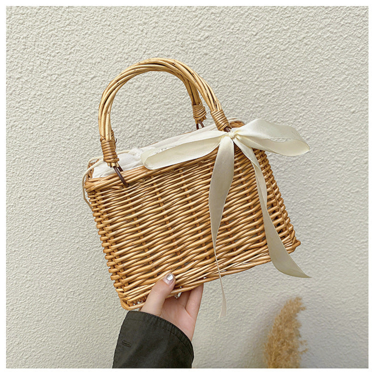 Handwoven Rattan Straw Pearl Beach Bag