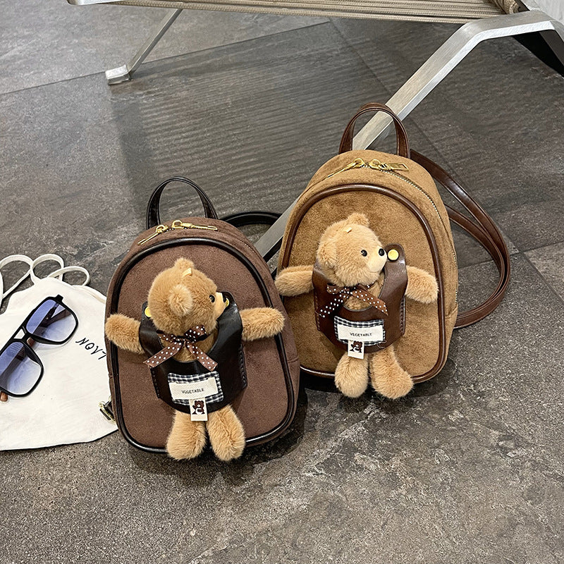 Mini Suede Backpack with Cute Plush Bear