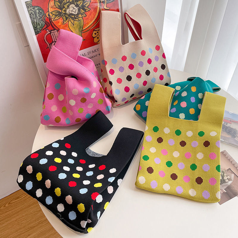 Polka Dot Knit Tote Bag with Wide Handles