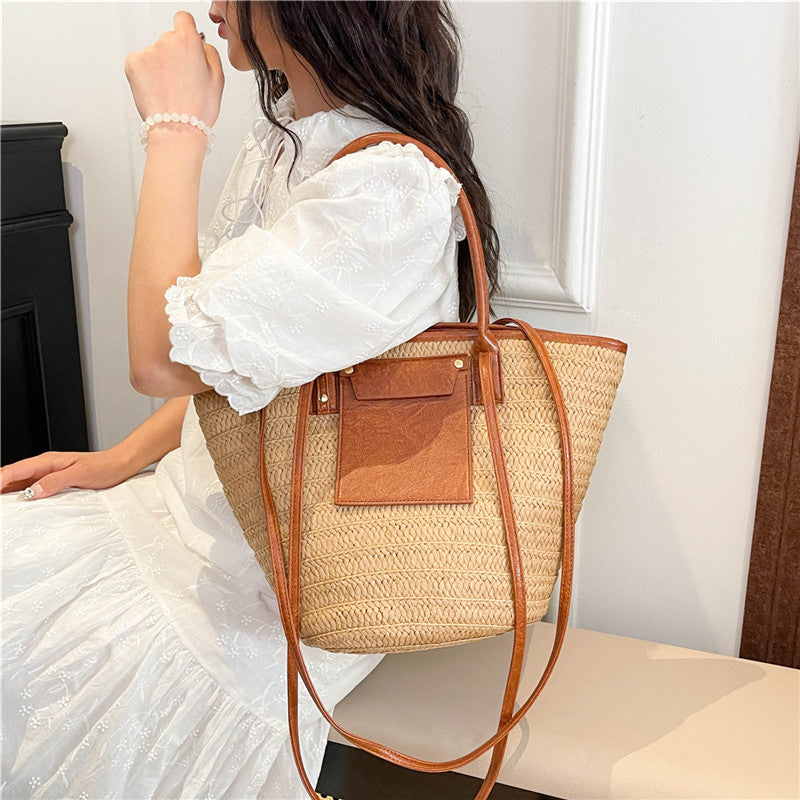 Women Travel Vacation Straw 2026 Summer New Fashion Woven Handheld Large Tote Bag