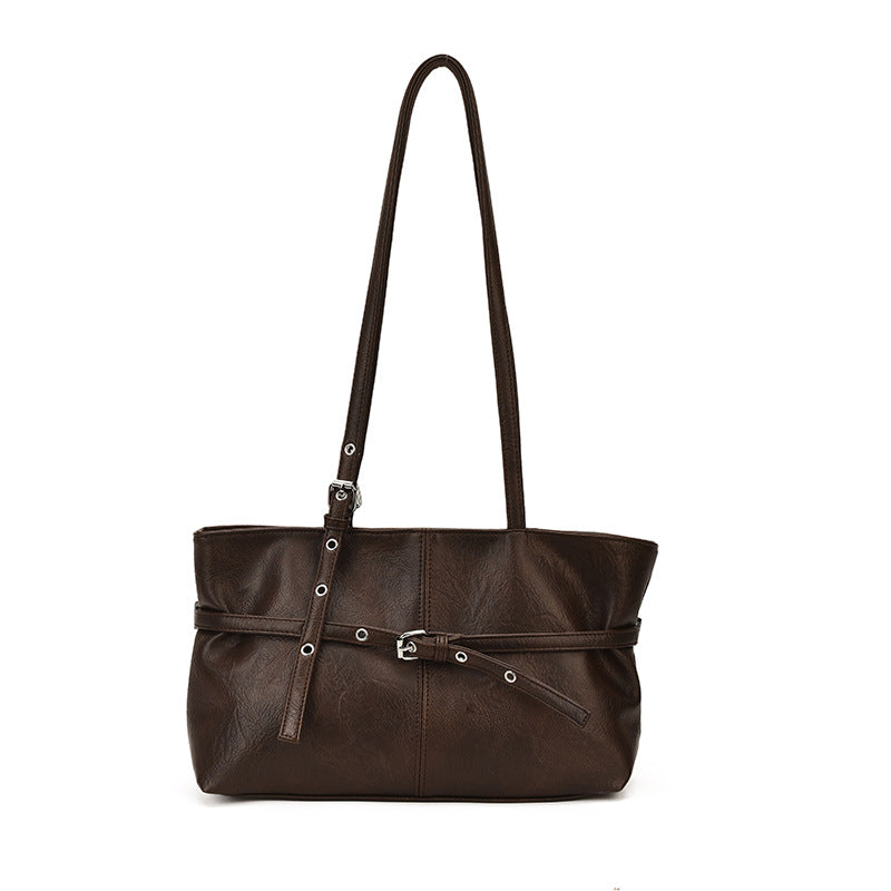 PU Leather Shoulder Tote Bag with Chic Belted Details