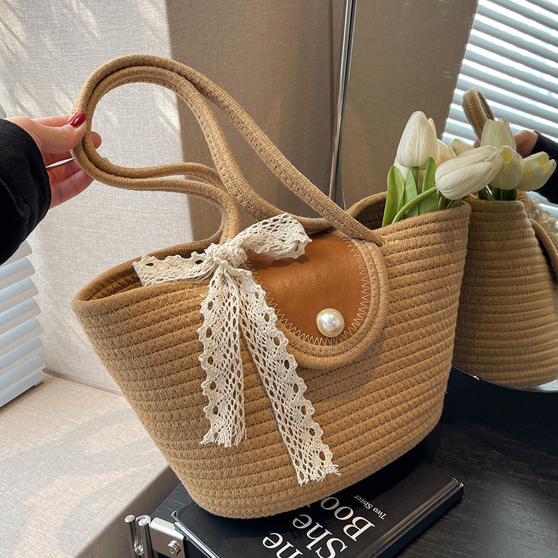 New Straw Woven Bag, Woven Holiday Backpack, Fashionable And Versatile One-Shoulder Large-Capacity Tote Travel Beach Bucket Bag