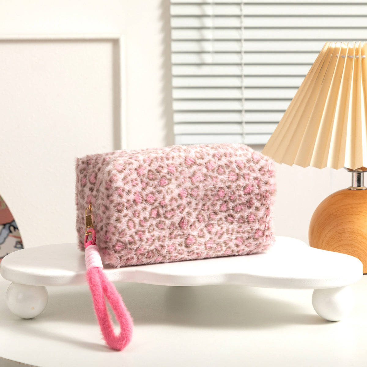 Leopard Print Plush Cosmetic Bag Large Capacity Portable Toiletry Bag