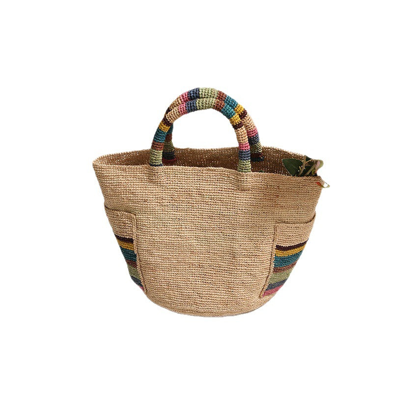 Women Premium Raffia Handheld Straw New Colorful Woven Beach Bag