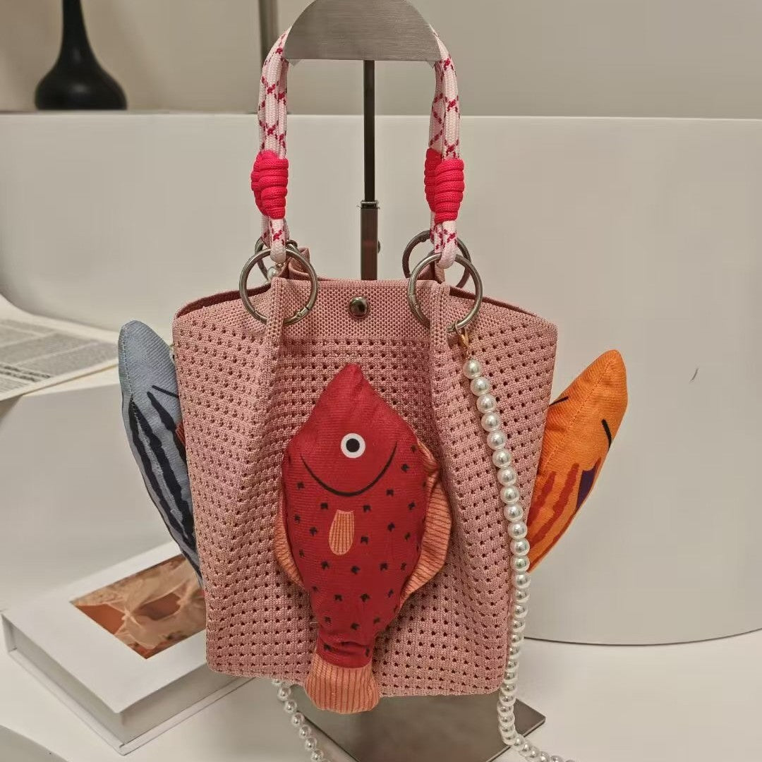 Crochet Fish Applique Pearl Strap Tote Bag