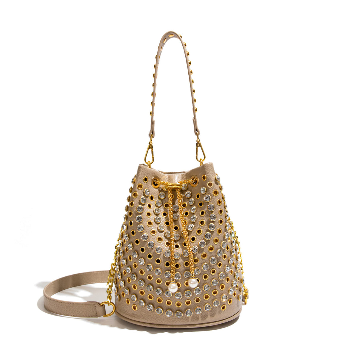 Rhinestone Studded Drawstring Bucket Shoulder Bag