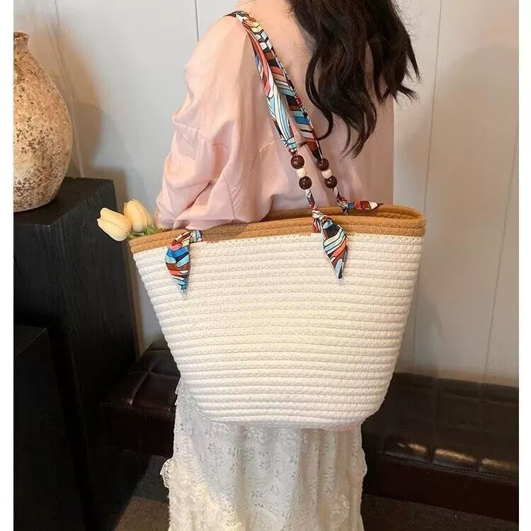 Women New Straw Woven Large Scarf Tie Shoulder Beach Bag