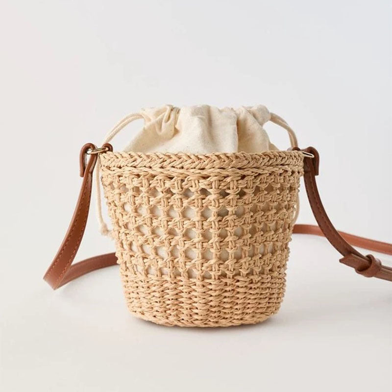 Cute Hollow Straw Bucket Crossbody Beach Bag