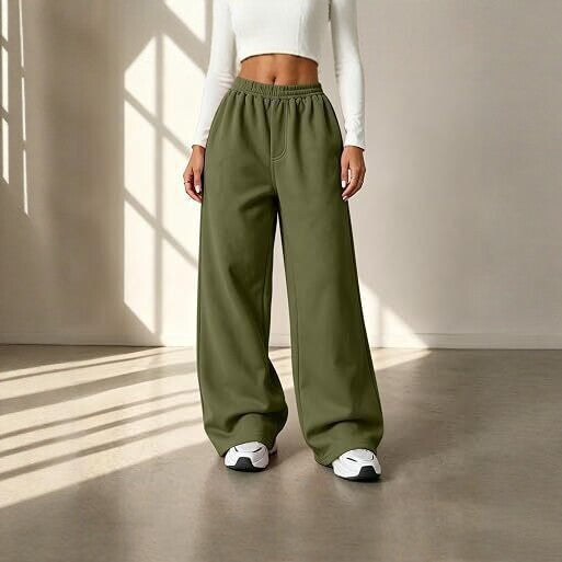 American-Style High-Waisted, Flowy-Fit Wide-Leg Sweatpants for Women—Spring/Fall Loose-Fit Casual Pants in Pink, Black, and Green with Cuffed Ankle Hems