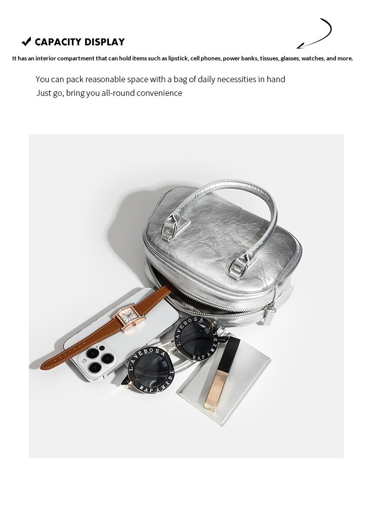 Metallic Mini Silver PU Leather Crossbody Boston Bag