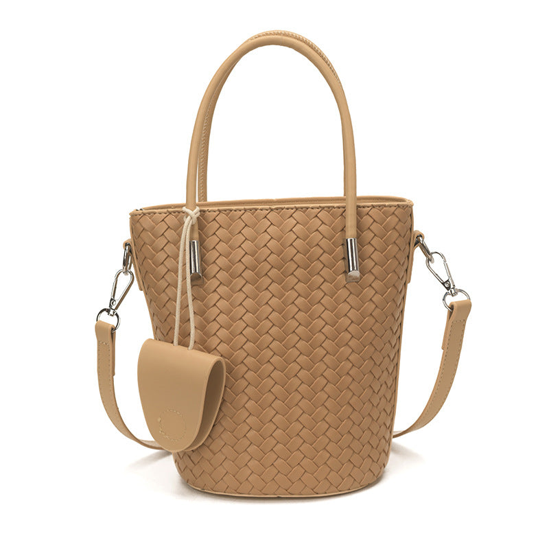 Woven Bucket Bag with Detachable Strap and Zipper