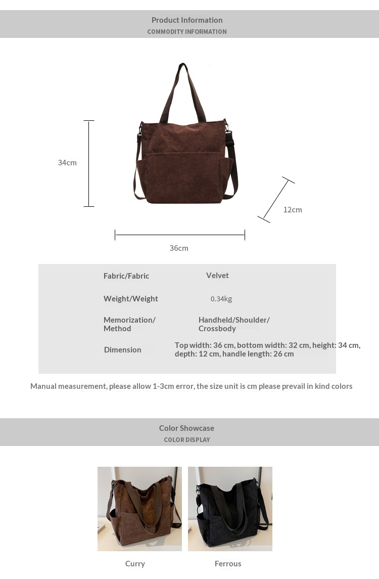 Large Corduroy Multi Pocket Convertible Shoulder Tote Bag