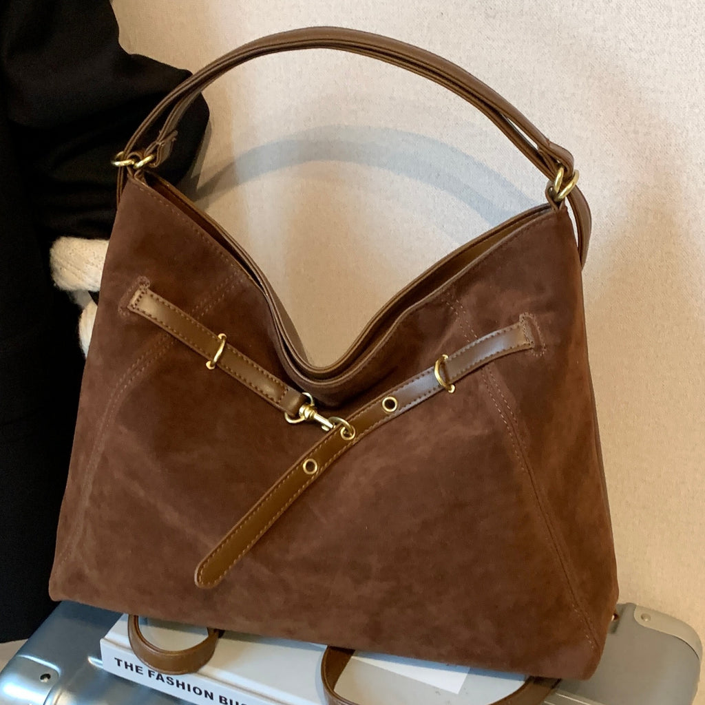 Cozy Suede Look Shoulder Bag with Buckle Detail