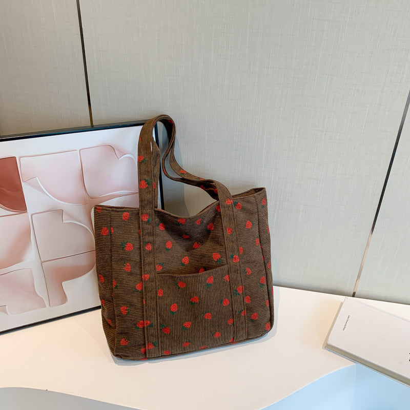 Strawberry Print Corduroy Zip Double Handle Tote Bag