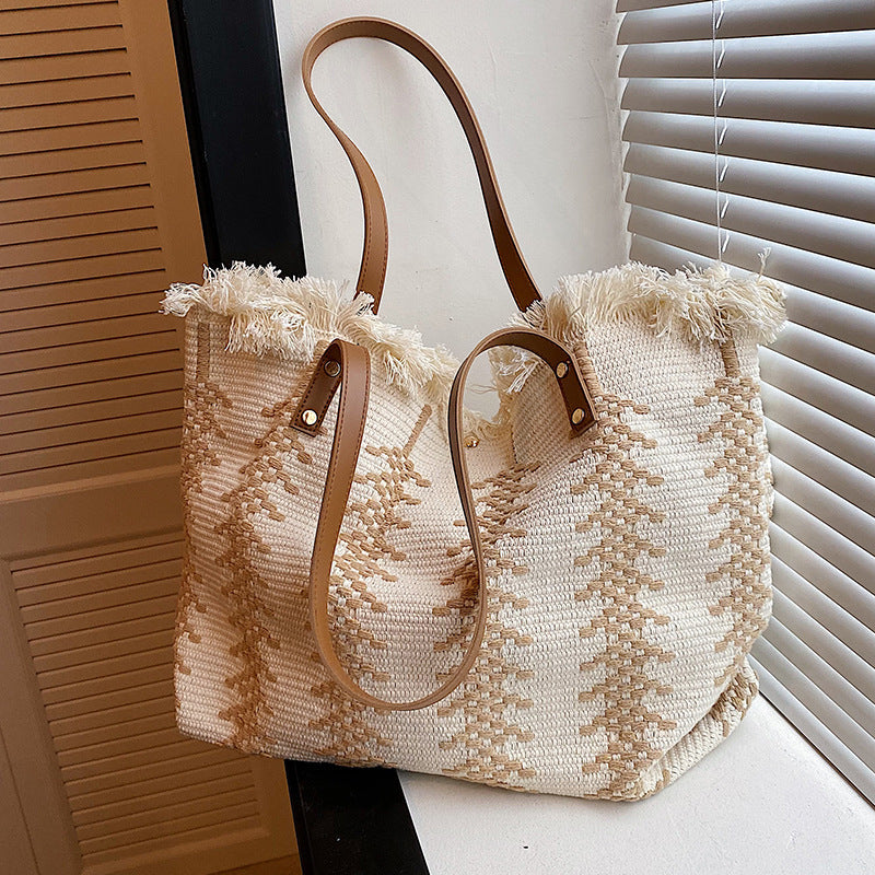 Women Large Canvas Tote 2026 New Tassel Cotton Linen Woven Minimalist Shoulder Bag