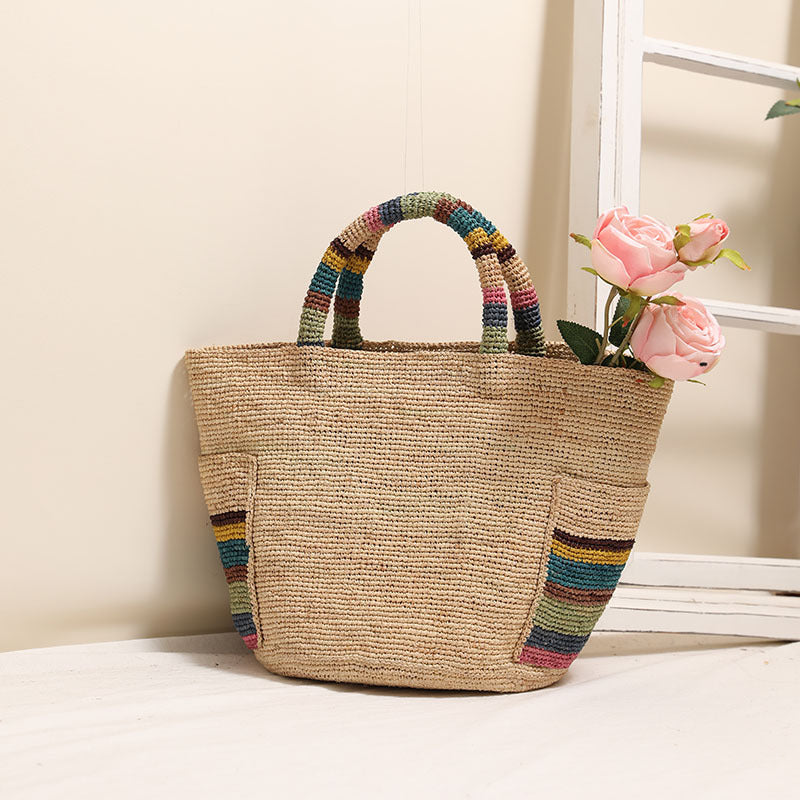 Women Premium Raffia Handheld Straw New Colorful Woven Beach Bag