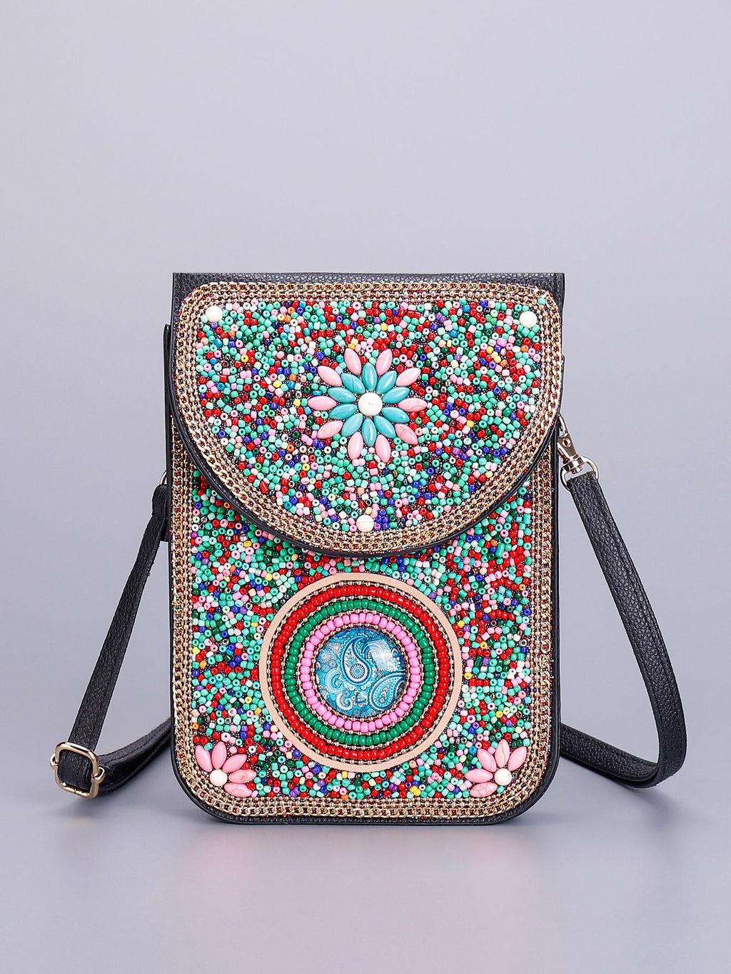 Women Ethnic Style Beaded Crossbody Bag, Handmade Turquoise Red Phone Bag