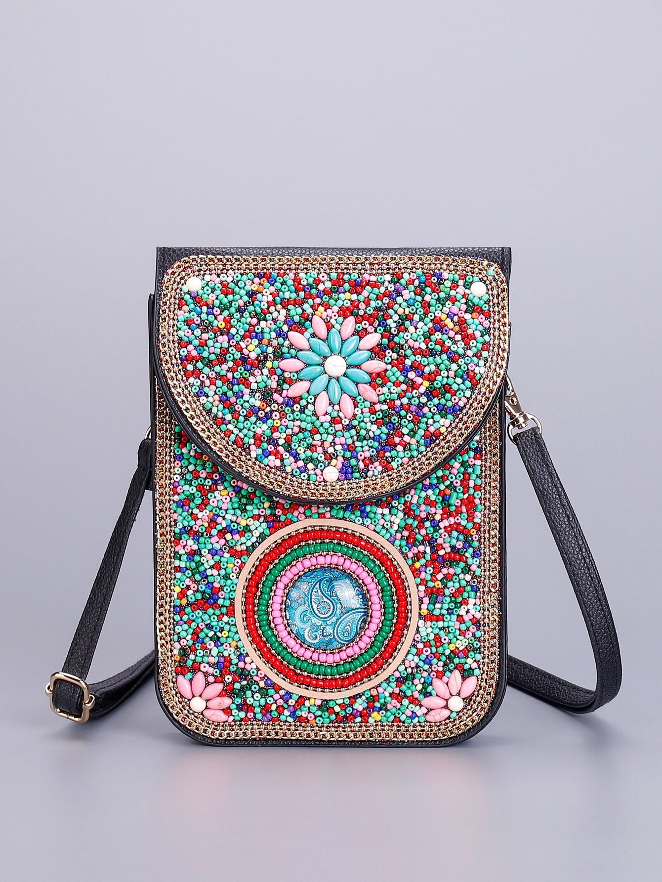 Women Ethnic Style Beaded Crossbody Bag, Handmade Turquoise Red Phone Bag