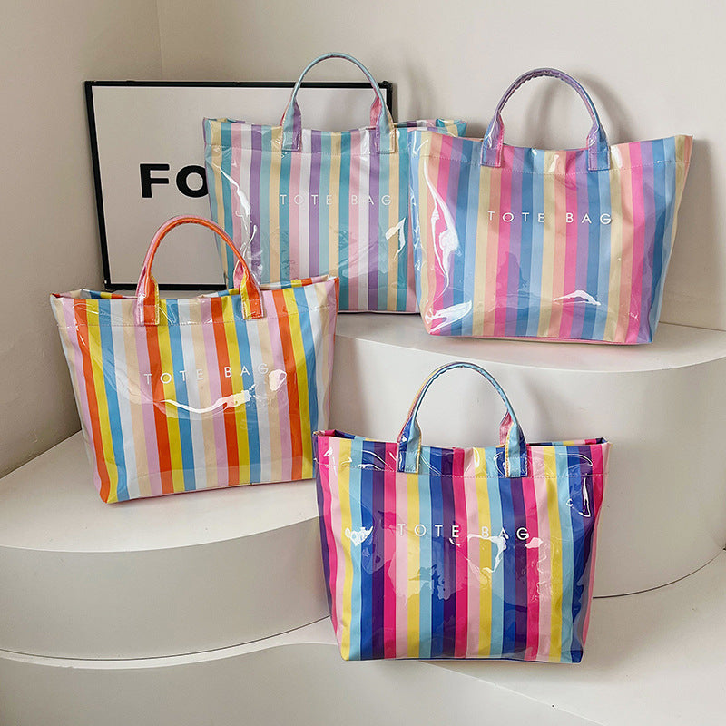 Vertical Stripe Rainbow PVC Tote Bag