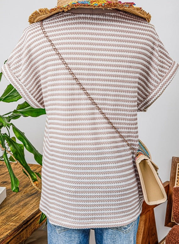 Women Spliced Knitted V-Neck Button Pullover Short Sleeve